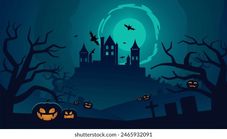 halloween background with spooky pumpkins, full moon, graveyard, and castle