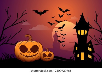 Halloween background with spooky pumpkins, horror house and bat silhouettes in flat design