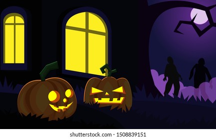 Halloween background with spooky pumpkins and zombies inside