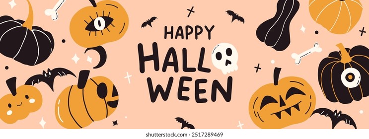 Halloween background. Spooky scary banner design with orange pumpkins. Happy Helloween poster template. Autumn holiday scene sale. Vector flat hand drawn illustration