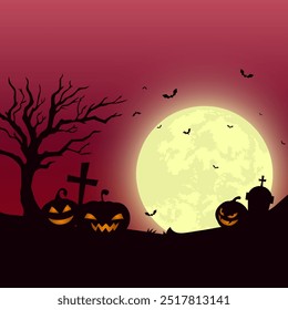 Halloween Background With Spooky Tombstone And Silhouette Of Halloween Pumpkin Under Full Moon