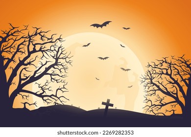 Halloweenhintergrund, unscharfer Baum, Fledermaus und Zementerie mit Mondlicht auf orangefarbenem Hintergrund, perfekt für das Design in der Halloween-Veranstaltung