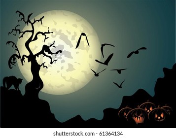 Halloween background with spooky tree and cat in editable vector format