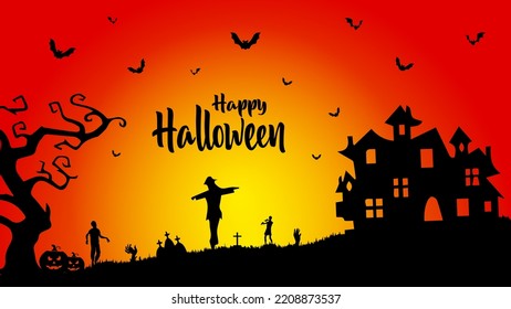 Halloween Background, spooky tree and haunted house on orange background.