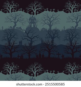 Halloween background, spooky, trees, forest, pumpkin, castle, graveyard, blue, eerie, pattern, zombie, aesthetical, print, texture, fabric, card, scary, flat style, vector illustration. 