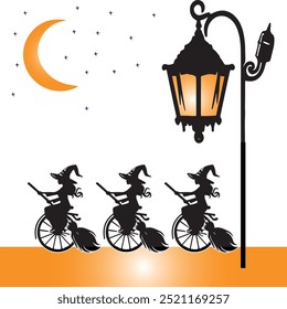 Halloween background with spooky witch ,lantern and full moon
