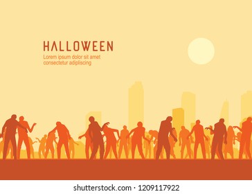 Halloween background. Spooky zombie crowd walking towards the town. Silhouettes illustration for Halloween