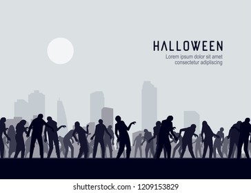 Halloween background. Spooky zombie crowd walking towards the town. Silhouettes illustration for Halloween