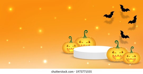 Halloween background. Stage podium decorated with Halloween day composition Lantern pumpkin, Bat flying on orange background. Pedestal scene with for product, advertising. Vector illustration.