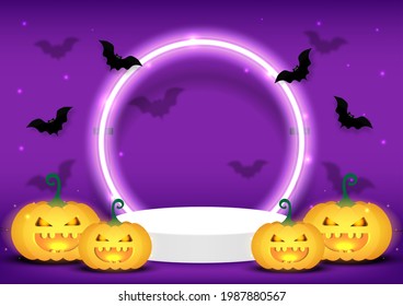 Halloween background. Stage podium decorated with Halloween composition Pumpkin Lantern, Bat flying, Light equipment, on purple background. Pedestal with for product, Advertising.Vector illustration.