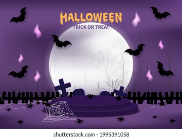 Halloween Background. Stage Podium Decorated With Halloween Day Elements, Bats, Spiders, Spider Web, Cross Sign, Gravestone, Silhouette Backdrop Scary. Pedestal With For Product. Vector Illustration. 