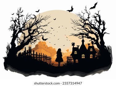 Halloween background standing girl with haunted house, trees and bats. Vector illustration.