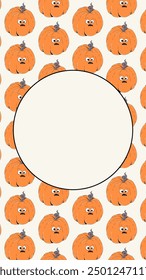 Halloween background for stories templates in retro style. Social media seamless pattern with groovy character pumpkin. Vector illustration with empty space
