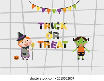 Halloween background with stylized holiday elements (pumpkin, cat, spider web, skull, candy) 