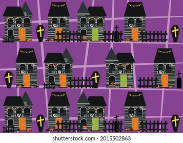 Halloween background with stylized holiday elements (pumpkin, cat, spider web, skull, candy) 
