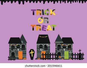 Halloween background with stylized holiday elements (pumpkin, cat, spider web, skull, candy) 