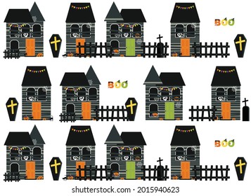 Halloween background with stylized holiday elements (pumpkin, cat, spider web, skull, candy) 