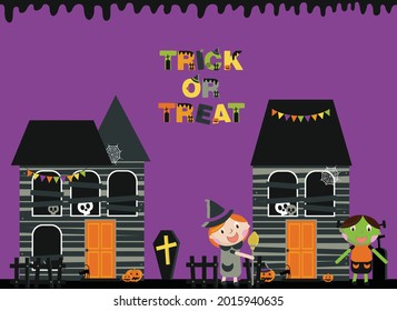 Halloween background with stylized holiday elements (pumpkin, cat, spider web, skull, candy) 
