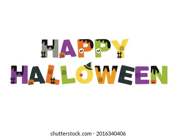 Halloween background with stylized holiday elements (pumpkin, cat, spider web, skull, candy) 
