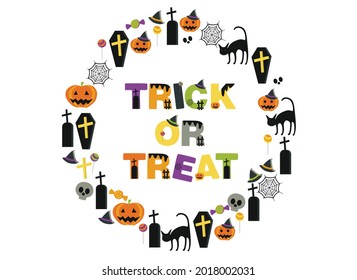 Halloween background with stylized holiday elements (pumpkin, cat, spider web, skull, candy) 