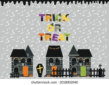 Halloween background with stylized holiday elements (pumpkin, cat, spider web, skull, candy) 