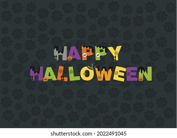 Halloween background with stylized holiday elements (pumpkin, cat, spider web, skull, candy) 