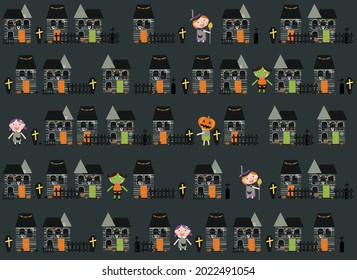 Halloween background with stylized holiday elements (pumpkin, cat, spider web, skull, candy) 