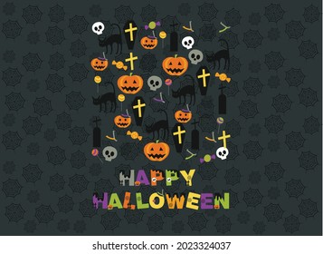 Halloween background with stylized holiday elements (pumpkin, cat, spider web, skull, candy) 