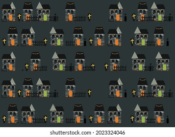 Halloween background with stylized holiday elements (pumpkin, cat, spider web, skull, candy) 
