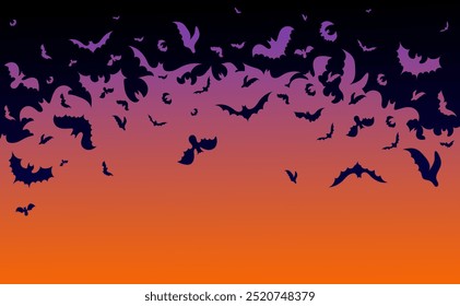 Halloween background. A swarm of bats flying in a darkening sky, mysterious atmosphere of Halloween night. Night, spook, spirit, stars, scary, afterlife, monster, specter, fearful, trick or treats