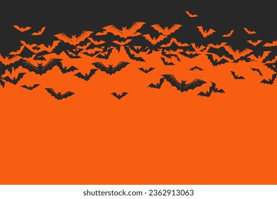 Fondo de Halloween con enjambre de murciélagos en el cielo naranja