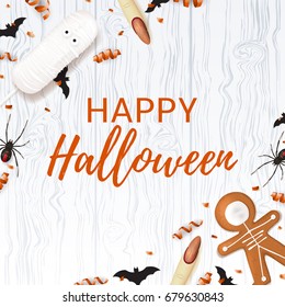 Halloween background with sweets. Top view on spiders, paper bats and confetti on wooden texture. Vector illustration with cookies in form of skeleton gingerbread man. Cream cake in form of mummy.