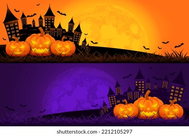 Halloween background template with castle, pumpkin and moon vector, halloween backdrop for sale promotion, banner, poster, social media, feed, invitation, event, wallpaper in purple and orange color
