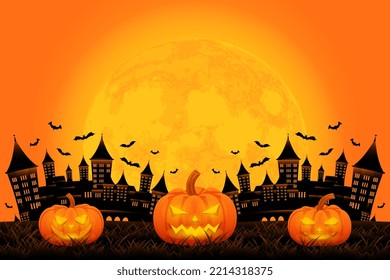 Halloween background template with castle, pumpkin and moon vector, happy halloween backdrop for sale promotion, banner, poster, social media, feed, invitation, event, wallpaper in orange color