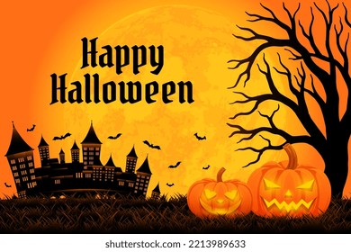 Halloween background template with castle, tree, pumpkin and moon vector, happy halloween backdrop for sale promotion, banner, poster, social media, feed, invitation, event, wallpaper in orange color