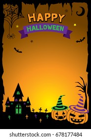 Halloween background template design with castle and pumpkin on orange background