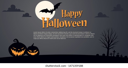 Halloween background template. Full Moon, Bats, Ominous Pumpkins, Cemetery - Vector