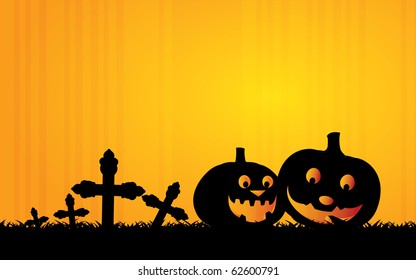 Halloween Background Template with Glowing and Smiling Pumpkins and Crosses of a Cemetery in the Darkness 