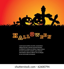 Halloween Background Template with Glowing and Smiling Pumpkins and Crosses of a Cemetery in the Darkness 