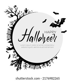 Halloween-Hintergrund-Vorlage mit glücklichem Halloween-Text im Rahmen des Kreises, Silhouettenfriedhof mit beängstigender Burg und Fledermäusen. Konzept für Banner, Grußkarte, Partyeinladung. Vektorgrafik