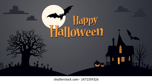 Halloween background template. Haunted House, Full Moon, Bats, Ominous Pumpkins, Cemetery - Vector