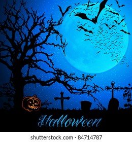 Halloween Background Template with Lots of Flying Bats Over a Bare Tree in the Cemetery in the Darkness Under Full Moon - Vector Illustration 