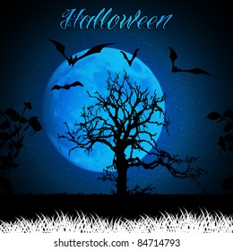Halloween Background Template with Lots of Flying Bats Over a Bare Tree in a Field in the Darkness Under Full Moon - Vector Illustration