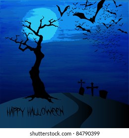 Halloween Background Template with Lots of Flying Bats Over the Cemetery Hill in the Darkness Under Dark Cloudy Sky and Full Moon - Vector Illustration