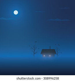 Halloween background template. Mysterious night scene. Fog or mist with house, trees and bats. Eps10 vector background.