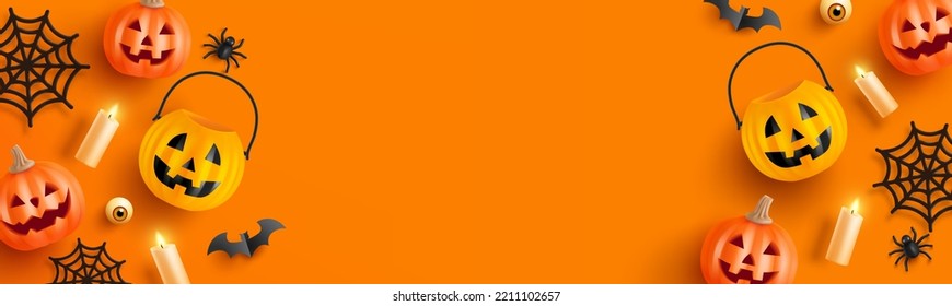 Halloween background template with halloween pumpkin and Halloween Elements on orange background. Website spooky,Background or banner Halloween template