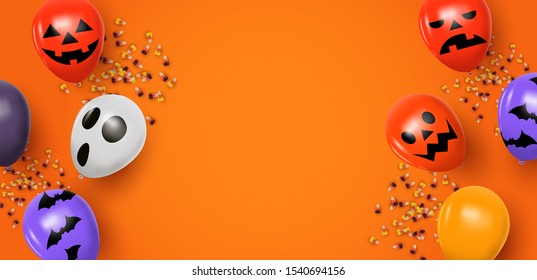 Halloween background template with realistic 3d balloons and candy corn in top view angle. Empty copy space holiday backdrop for season event or party invitation.
