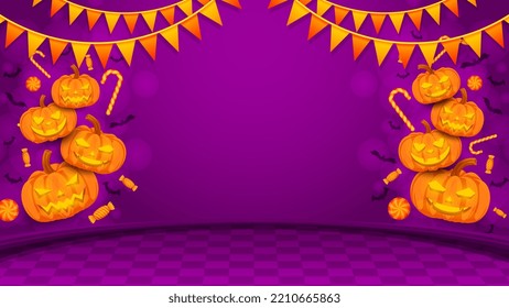 Halloween background template with scary balloon and candy vector, halloween backdrop for sale promotion, banner, poster, social media, feed, invitation, event, wallpaper in purple color