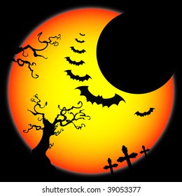 Plantilla de fondo de Halloween - Temerosos bates voladores sobre un cementerio por la noche