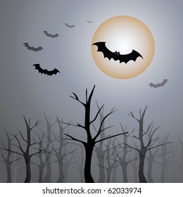 Halloween Background Template - Scary Flying Bats Over the Trees of a Cemetery in the Autumn Darkness 